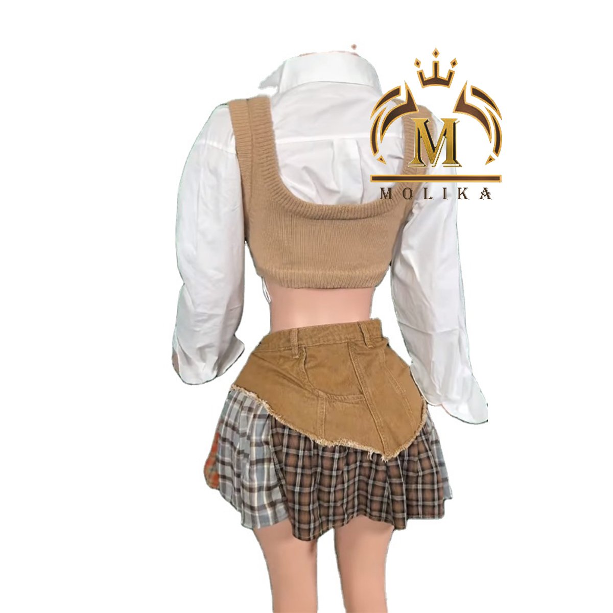 Winter Fall Women Outfits Knit Vest Shirt Crop Top Denim Plaid Skirt Match 2 Piece Casual Patchwork Two Piece Skirt Sets Women