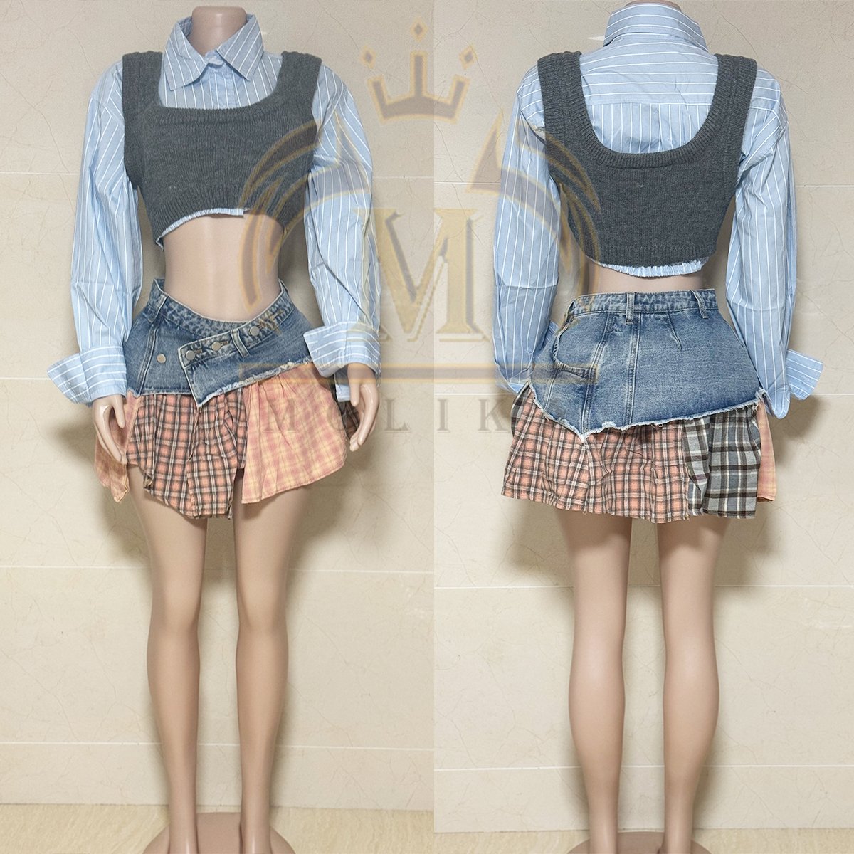 Winter Fall Women Outfits Knit Vest Shirt Crop Top Denim Plaid Skirt Match 2 Piece Casual Patchwork Two Piece Skirt Sets Women