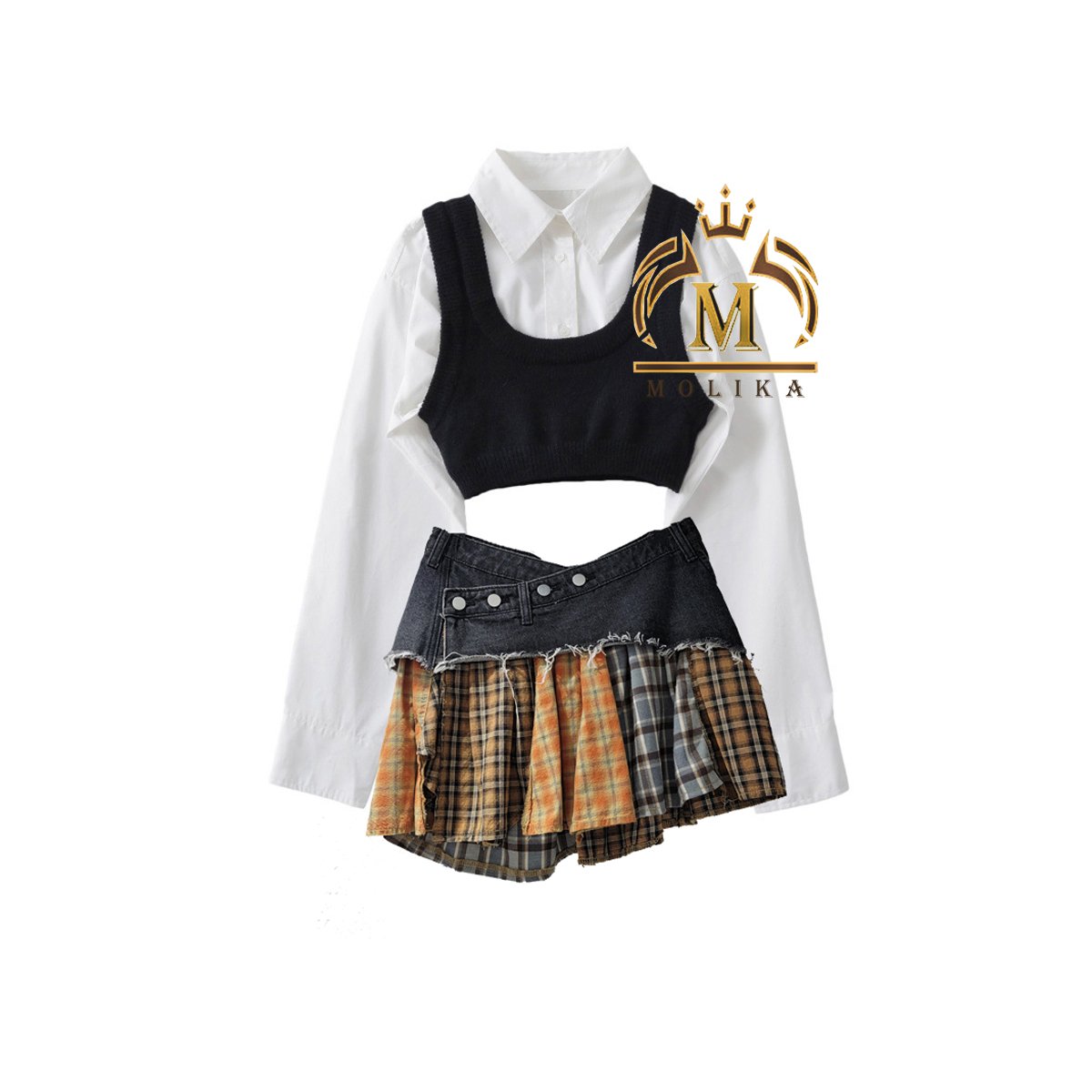 Winter Fall Women Outfits Knit Vest Shirt Crop Top Denim Plaid Skirt Match 2 Piece Casual Patchwork Two Piece Skirt Sets Women