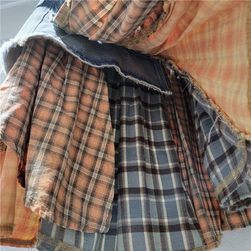 Winter Fall Women Outfits Knit Vest Shirt Crop Top Denim Plaid Skirt Match 2 Piece Casual Patchwork Two Piece Skirt Sets Women