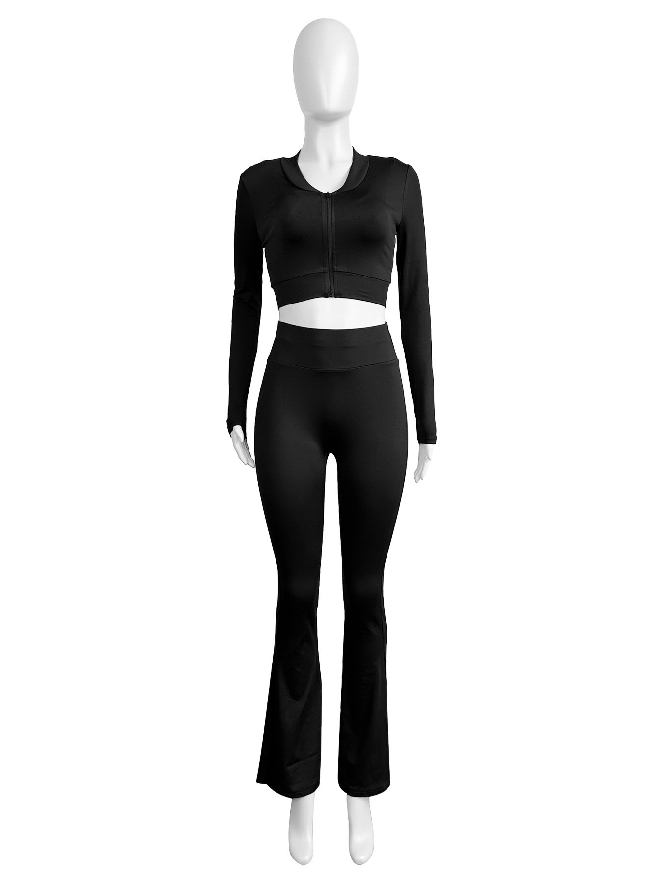 X15659C Fashion Solid Color Sporty Flare Pants Women Vest + Long Sleeve Crop Coats + Skinny Pants 3 Piece Sets Female Outfits