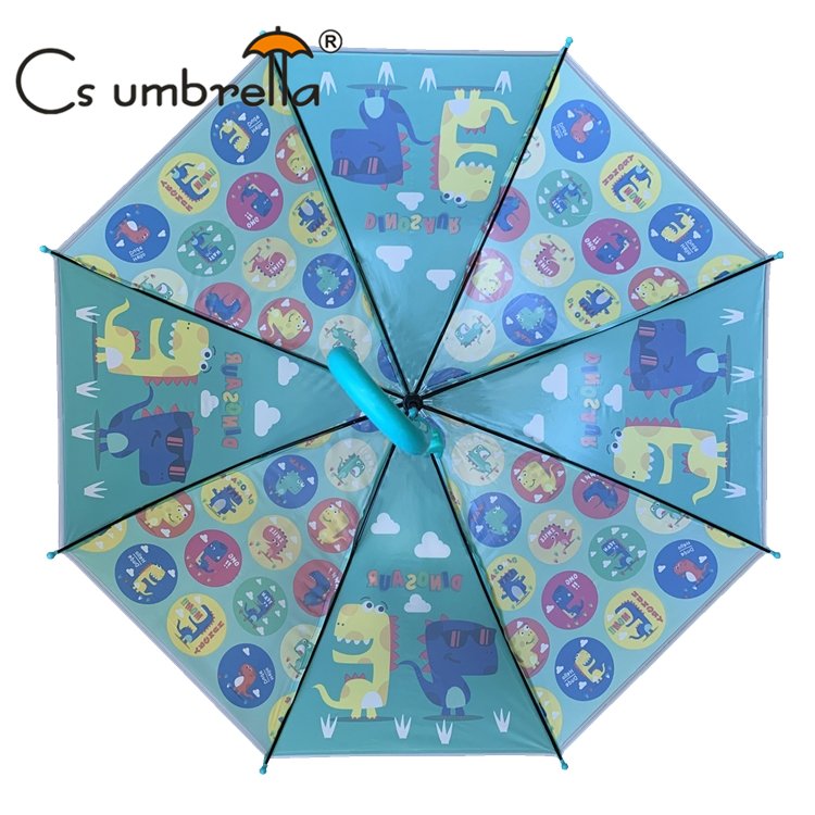 YS-6016 New Design Children Umbrella With Whistle Cute Dinosaur Printing Match color Handle Straight POE Umbrella For Kids
