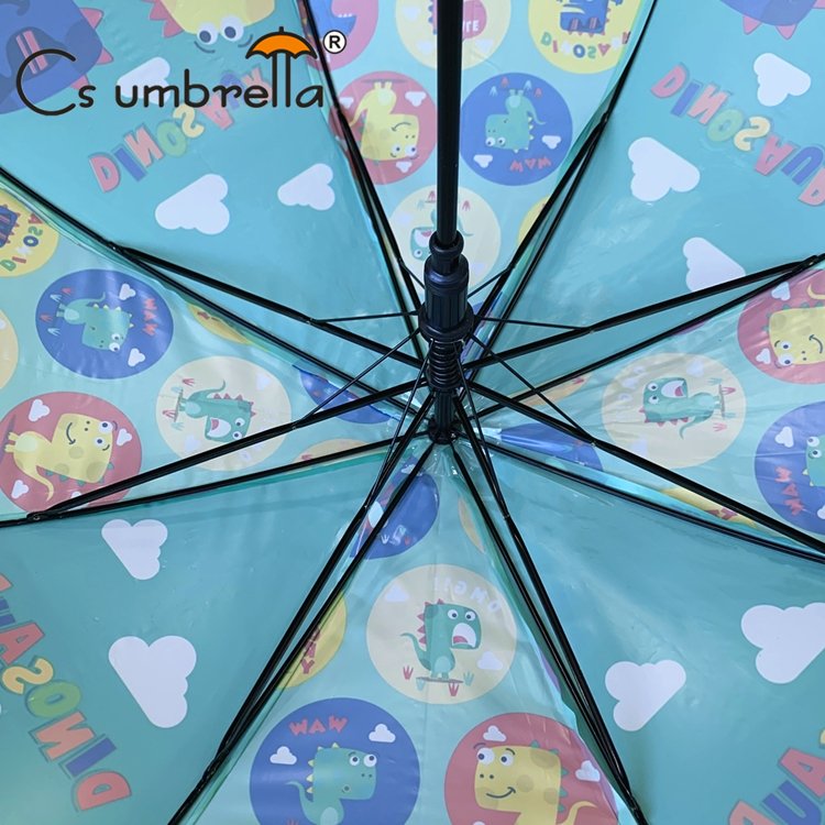 YS-6016 New Design Children Umbrella With Whistle Cute Dinosaur Printing Match color Handle Straight POE Umbrella For Kids
