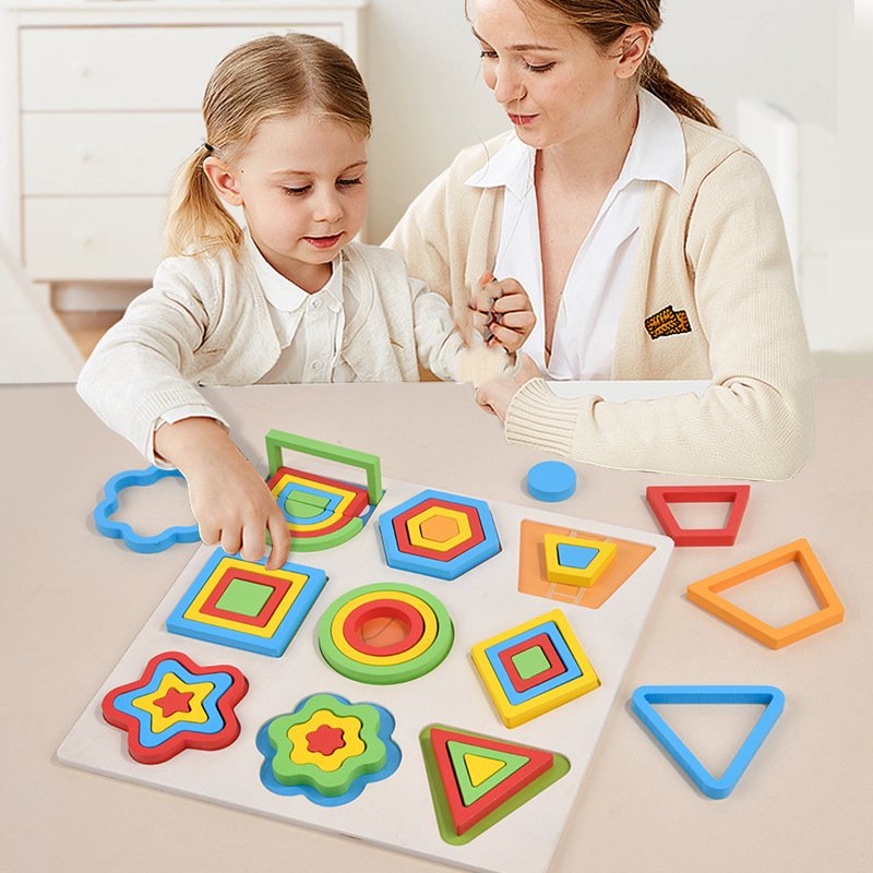 Kids Wooden Geometric Shape Color Matching Toys Wooden 3D Puzzles Baby Montessori Early Educational Learning Toy for Children
