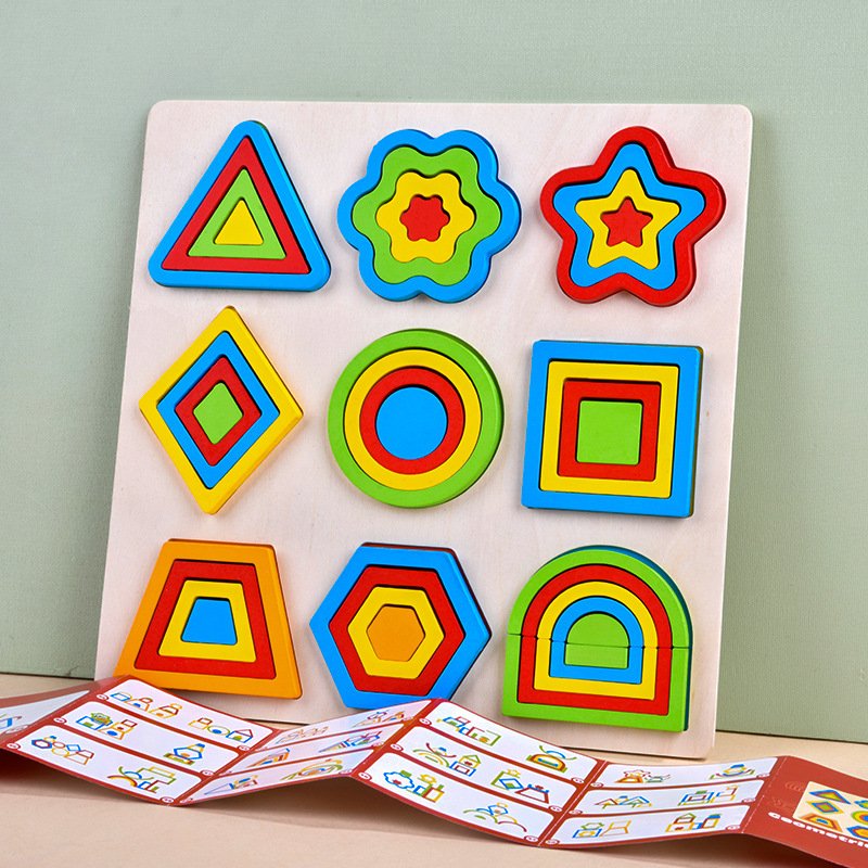 Kids Wooden Geometric Shape Color Matching Toys Wooden 3D Puzzles Baby Montessori Early Educational Learning Toy for Children
