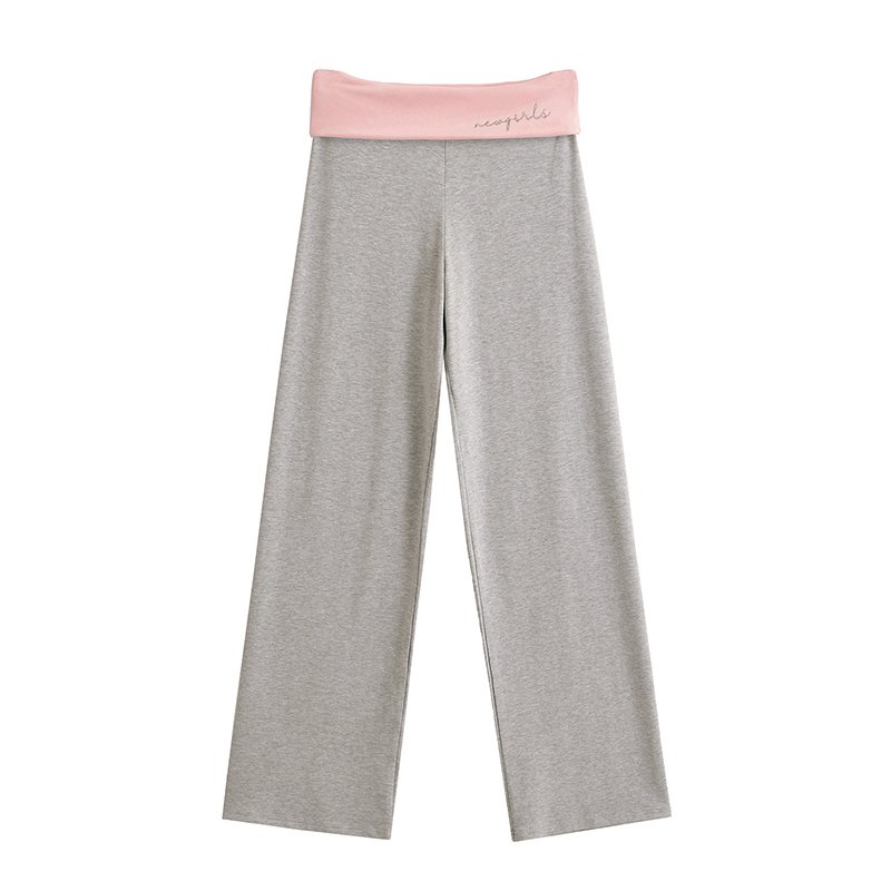 Women Embroidered Pile Waist Straight Pants 2024 Cute Matching Color Female Casual Pants