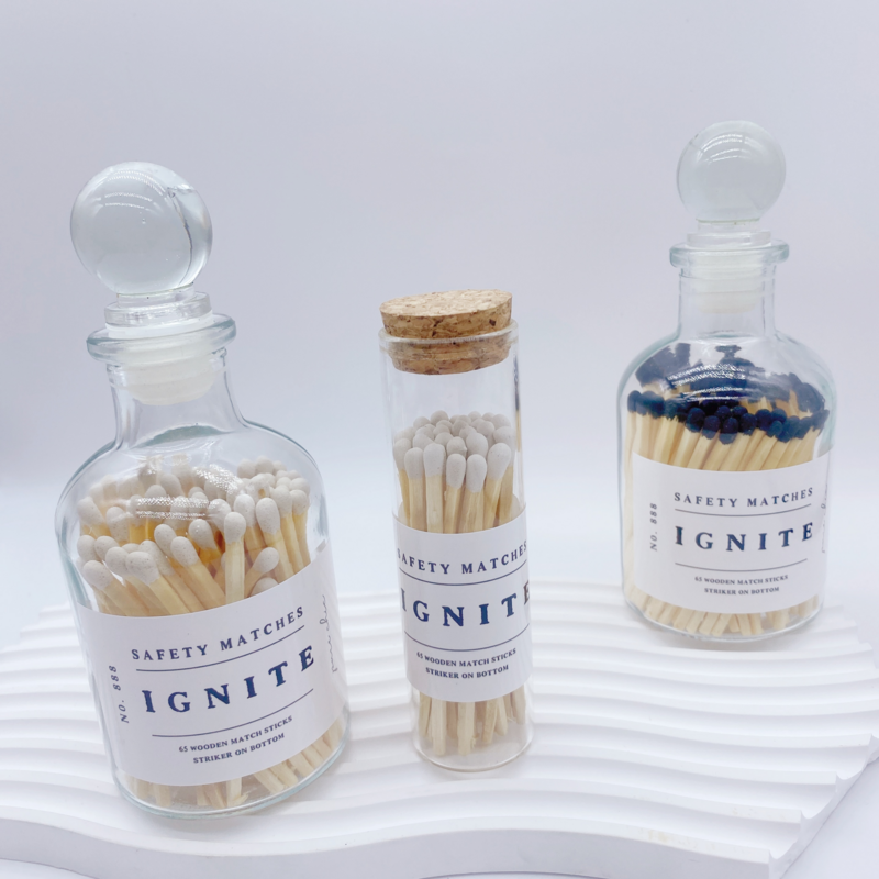 Customized logo safety candle matchstick long wooden stick glass jar elegant decoration matches new conditions packaging bottle