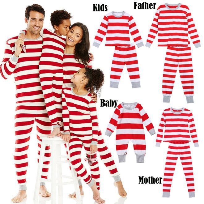 Wholesale Custom Logo Santa Xmas Womens Mens Boys Girls Cotton Pyjamas Set Family Matching Christmas Classic Striped Pajamas