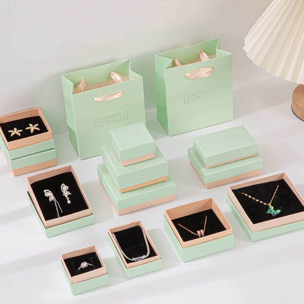 Green Pink Jewelry Packaging Box Custom Heaven and Earth Cover Ring Earrings Bracelet Necklace Gift Packaging Box