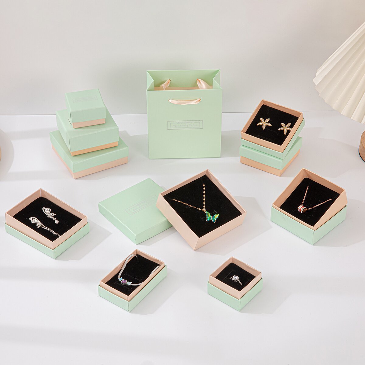 Green Pink Jewelry Packaging Box Custom Heaven and Earth Cover Ring Earrings Bracelet Necklace Gift Packaging Box