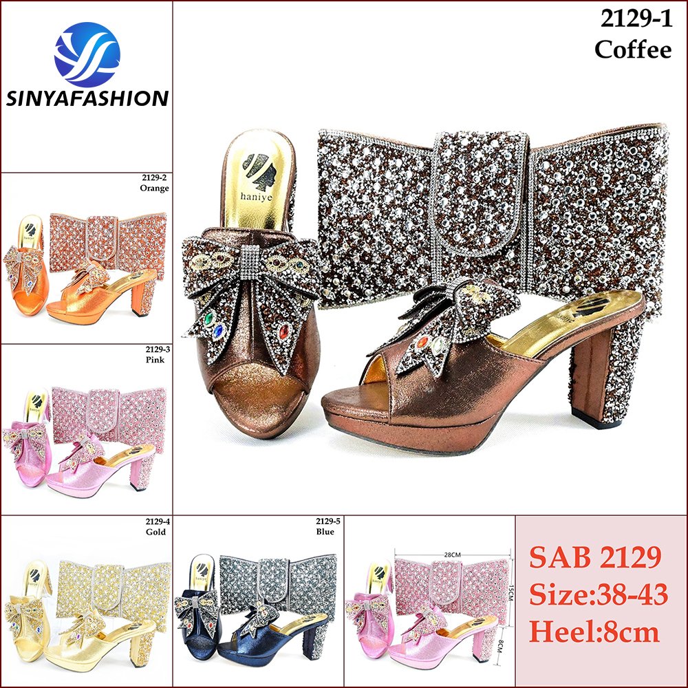 Sinya Luxury Ladies Italian Style Matching Shoes And Bags Blue Gold Orange Shoe And Bag Set For African Women