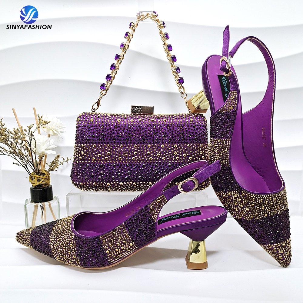 Beautiful Women Design Italian Shoes Bag Set With Stones Pu Material Shoes Matching Bag Set For Wedding Occasion