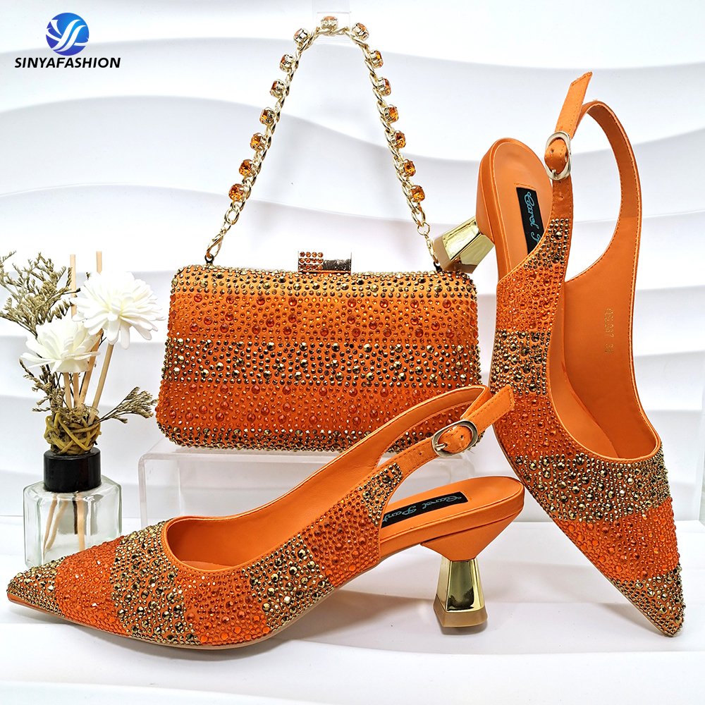 Beautiful Women Design Italian Shoes Bag Set With Stones Pu Material Shoes Matching Bag Set For Wedding Occasion