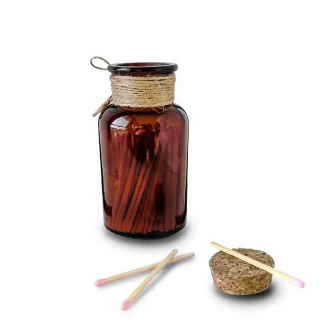 vintage decoration amber colored safety matches stick in glass apothecary jar candle matches glass jar with rope