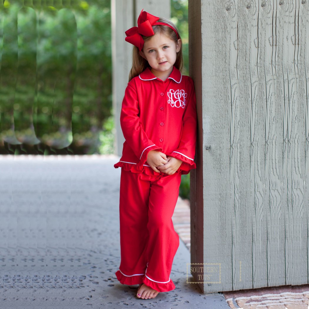 Classic Red Pajama Set for kids Buttons down Christmas family match Pjs long sleeve cotton monogram Children sleepwear sets