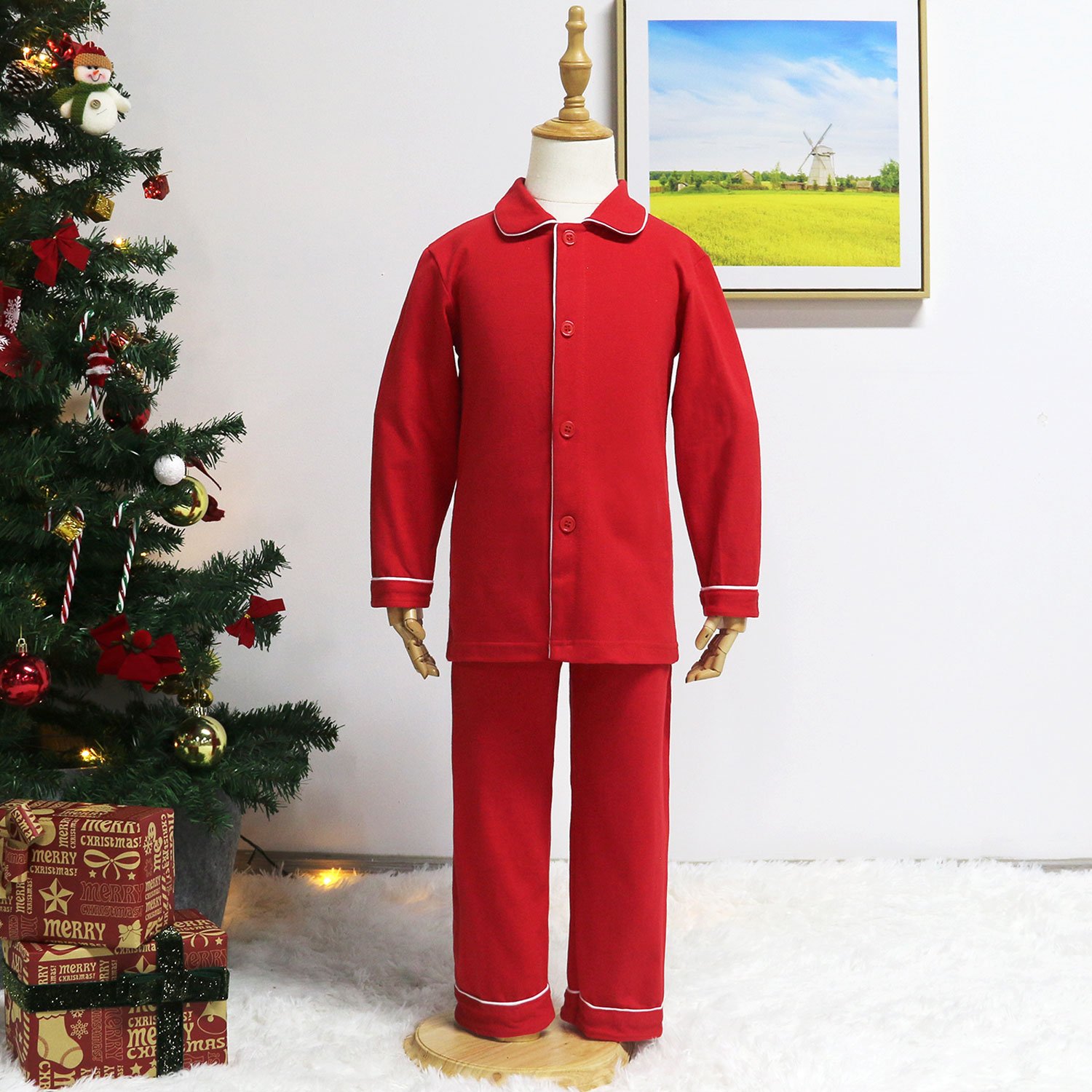 Classic Red Pajama Set for kids Buttons down Christmas family match Pjs long sleeve cotton monogram Children sleepwear sets
