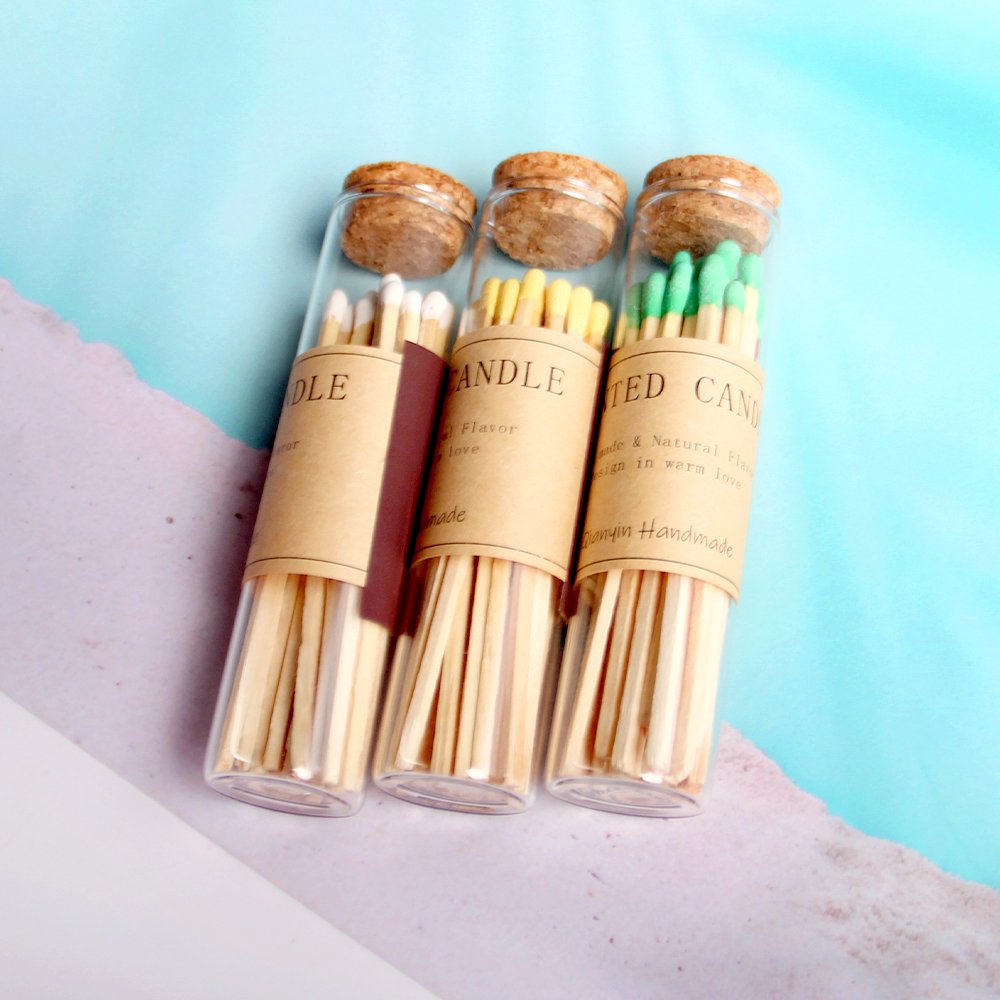 2024 25-piece Customized Glass Bottle Matches White Yellow Tip Head Wooden Matchsticks For Candle Jar