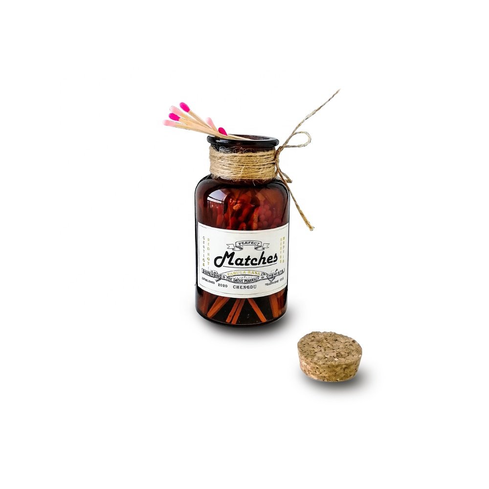 Personalized decorative glass match jar colorful long tip bottle gift luxury safety matches in jar