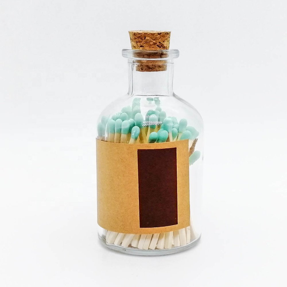 Personalized decorative glass match jar colorful long tip bottle gift luxury safety matches in jar