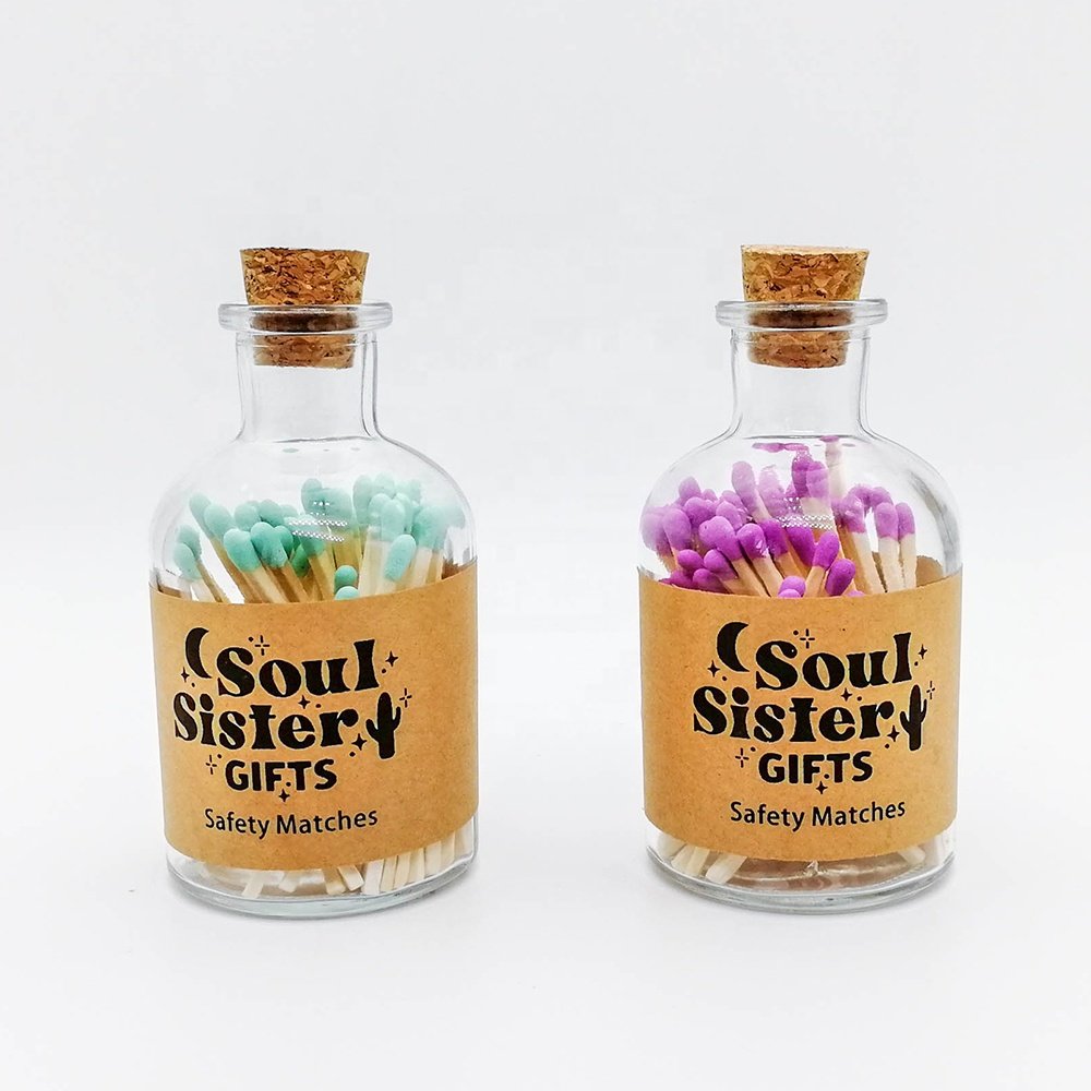 Personalized decorative glass match jar colorful long tip bottle gift luxury safety matches in jar