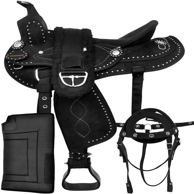 Open Store Durable Synthetic Western Adult Barrel Racing Horse Saddle Tack Matching Leather Girth Breast Collar Reins Saddle