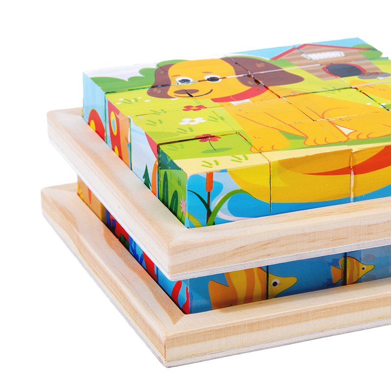 Six-sided 3D Jigsaw Puzzle Funny Baby Cube Blocks Toys Cartoon Wooden Puzzle Blocks Set Animal Matching Blocks Educational Toys