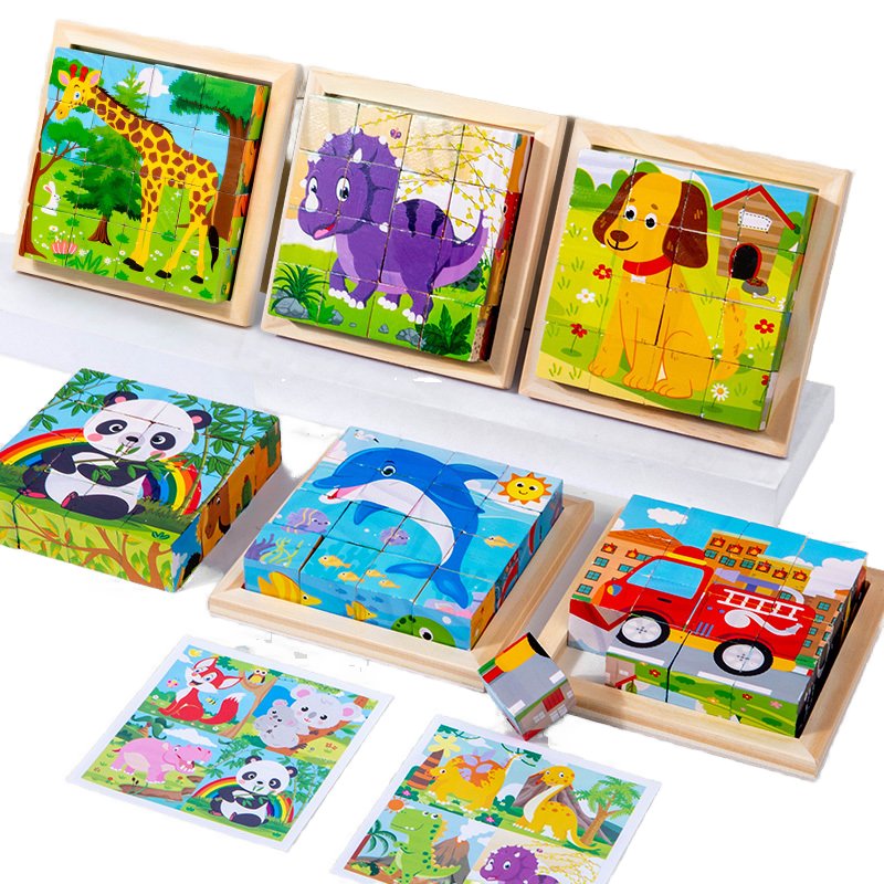Six-sided 3D Jigsaw Puzzle Funny Baby Cube Blocks Toys Cartoon Wooden Puzzle Blocks Set Animal Matching Blocks Educational Toys