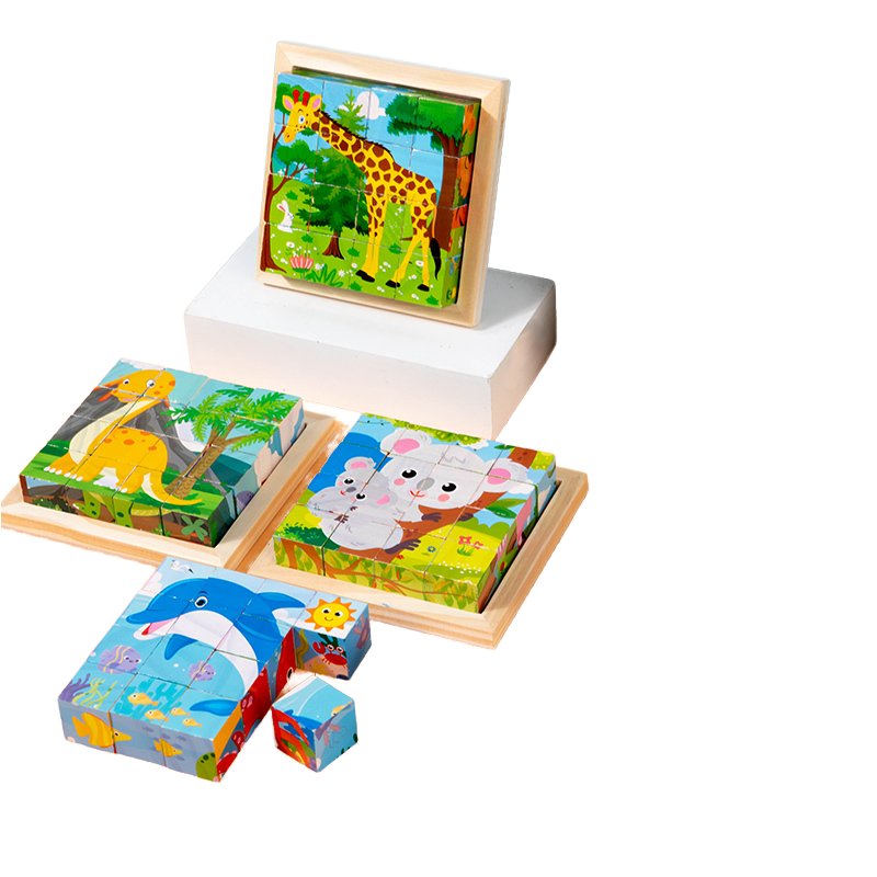 Six-sided 3D Jigsaw Puzzle Funny Baby Cube Blocks Toys Cartoon Wooden Puzzle Blocks Set Animal Matching Blocks Educational Toys