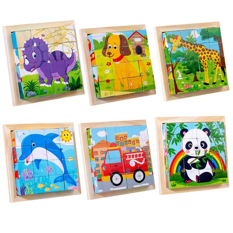 Six-sided 3D Jigsaw Puzzle Funny Baby Cube Blocks Toys Cartoon Wooden Puzzle Blocks Set Animal Matching Blocks Educational Toys