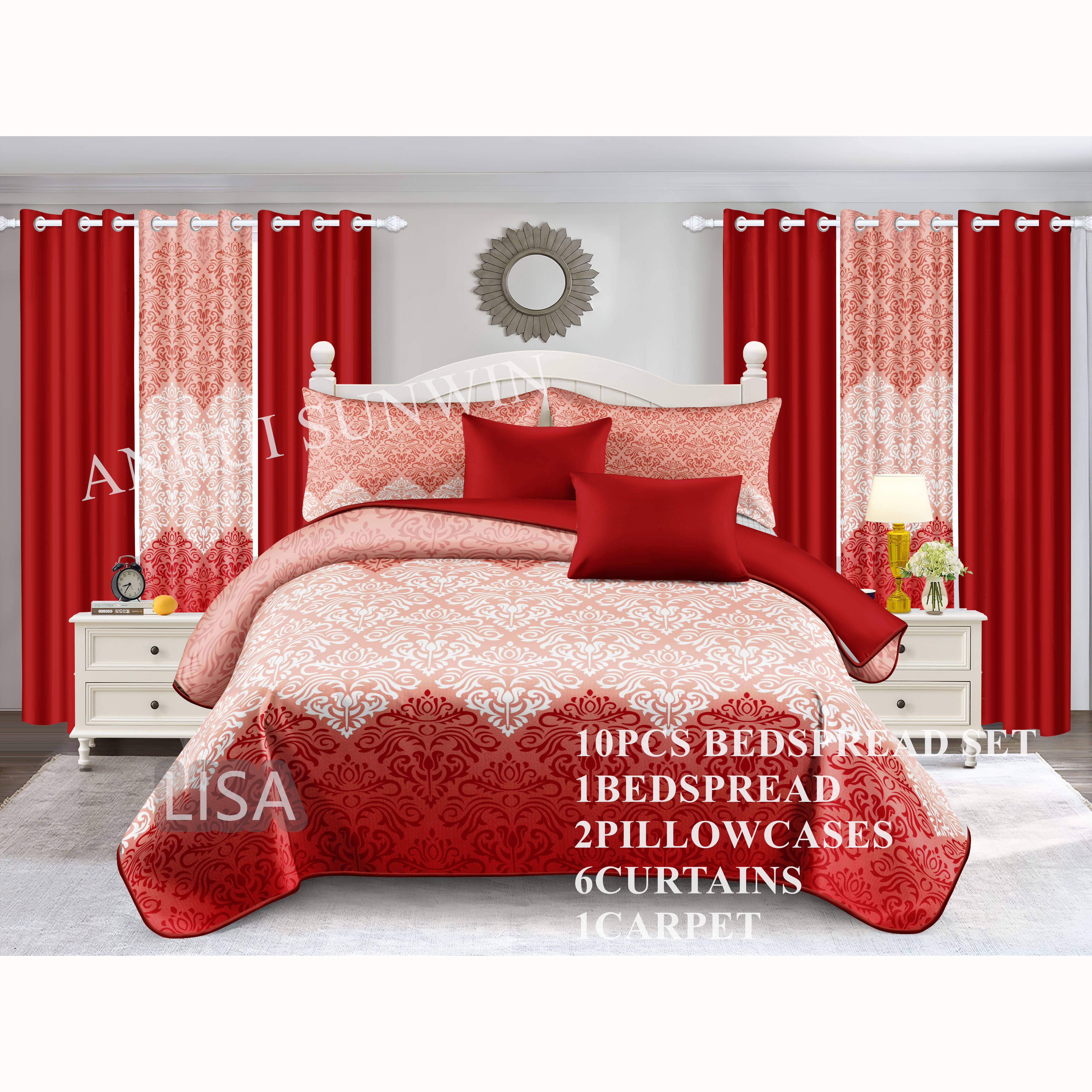 Wholesale Custom Logo 10 Pieces Luxury Quilt Bedspread Set Curtain 12pcs Bedding Set with Matching Curtains