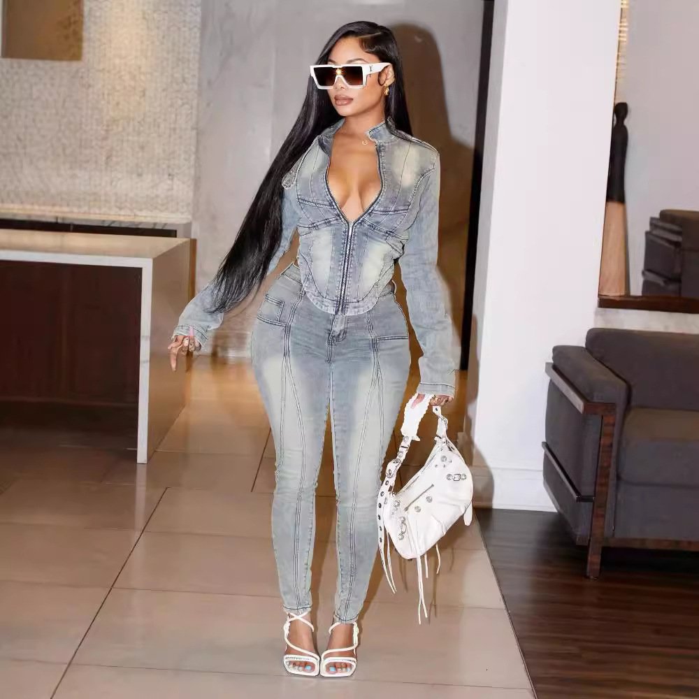 Trendy Fall Women Denim Jacket Outfits Stretch Cotton Denim Crop Jacket And Jeans Matching Sets Jeans Denim Two Piece Set Women