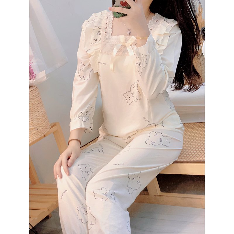 Wholesale matching family pajamas, square neckline long sleeve and pants 2 piece pajamas, pajamas for women set