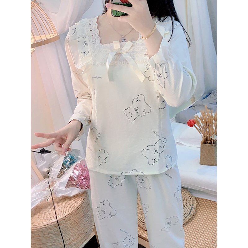 Wholesale matching family pajamas, square neckline long sleeve and pants 2 piece pajamas, pajamas for women set