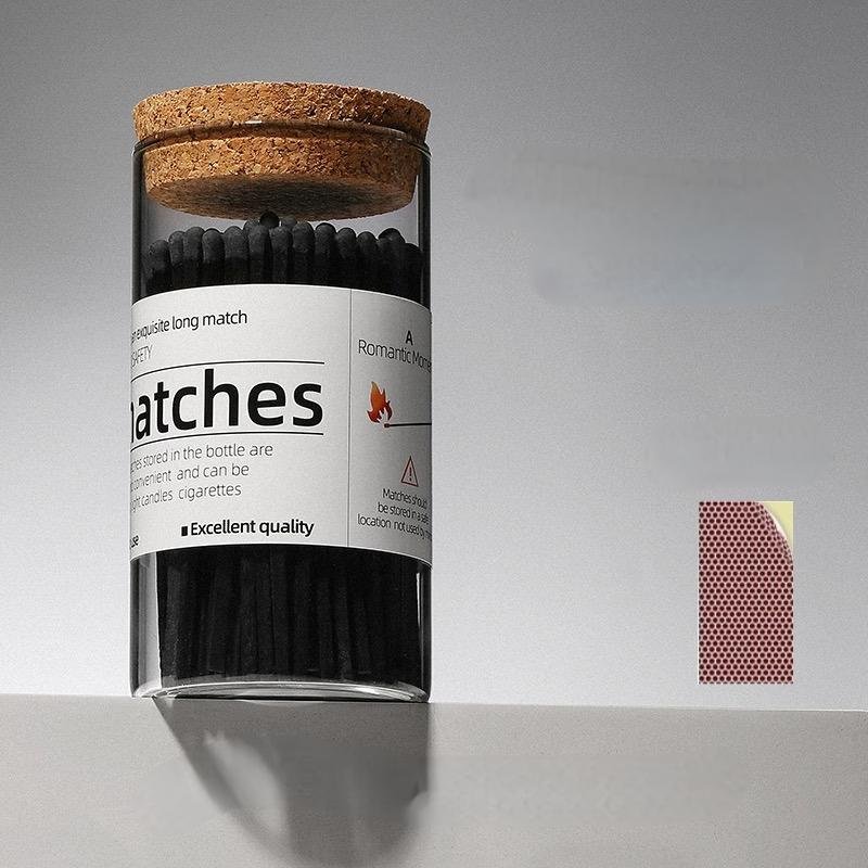 High quality glass bottle with black matches Strong wooden stick long match custom logo on glass jar candle safety matches