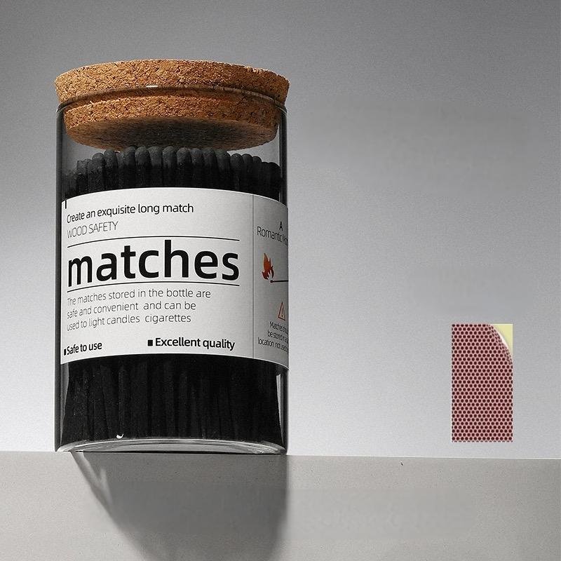High quality glass bottle with black matches Strong wooden stick long match custom logo on glass jar candle safety matches