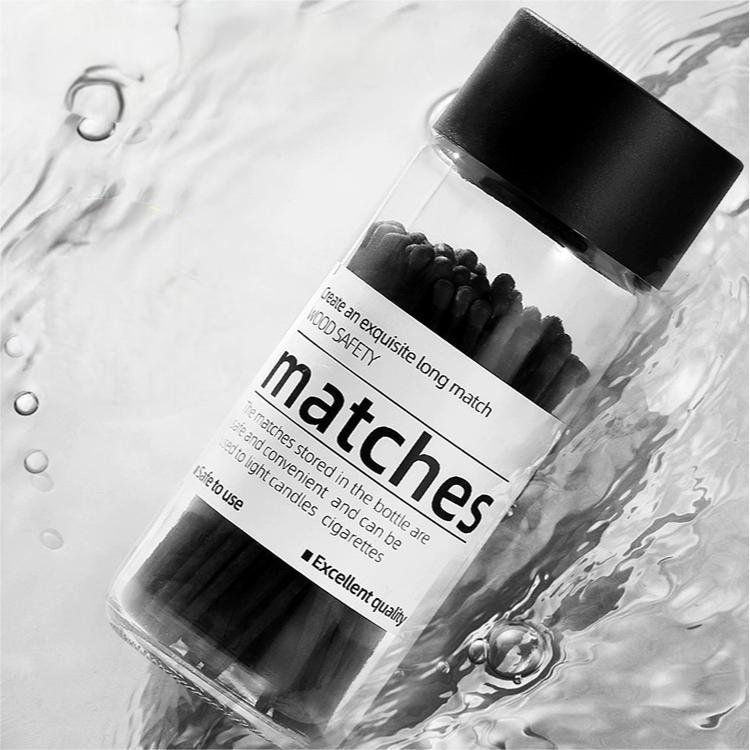 High quality glass bottle with black matches Strong wooden stick long match custom logo on glass jar candle safety matches
