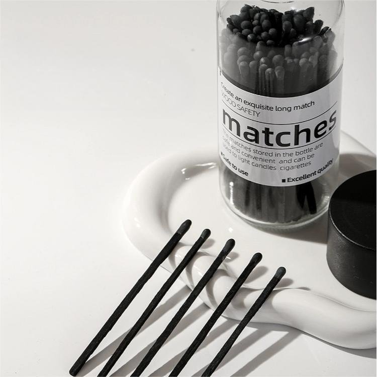 High quality glass bottle with black matches Strong wooden stick long match custom logo on glass jar candle safety matches