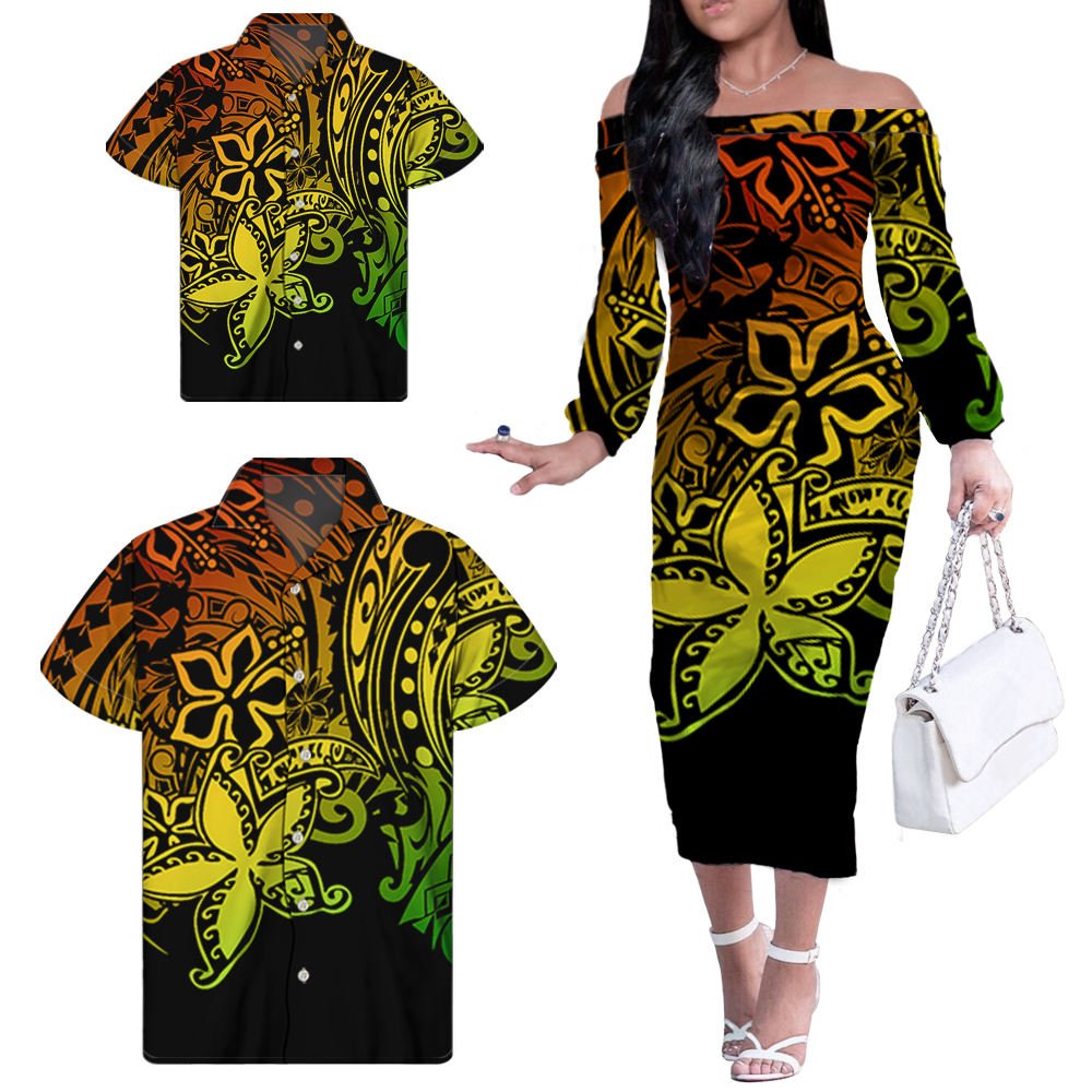 Wholesale Custom Luxury Polynesian Tribal Floral One Shoulder Dress Dresses Matching Men Shirt And Kids Shirt Womens Dresses