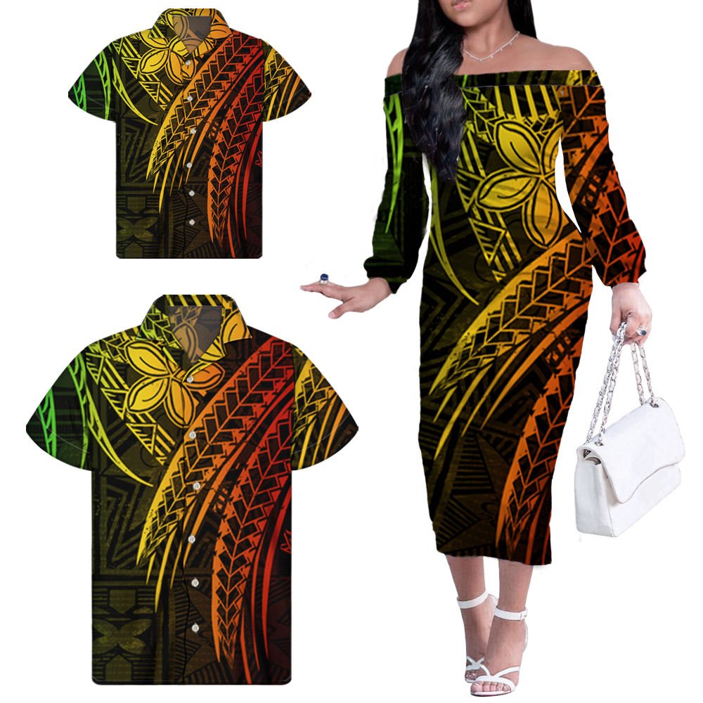 Wholesale Custom Luxury Polynesian Tribal Floral One Shoulder Dress Dresses Matching Men Shirt And Kids Shirt Womens Dresses