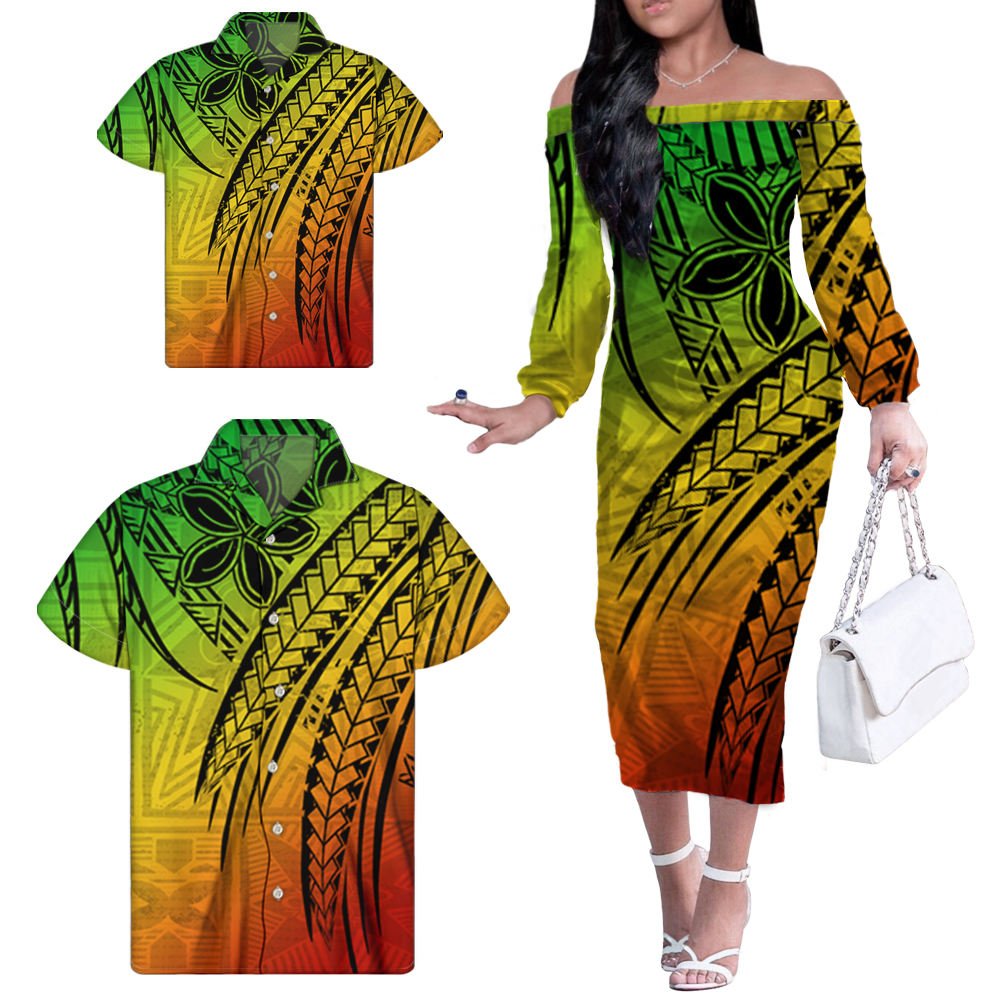 Wholesale Custom Luxury Polynesian Tribal Floral One Shoulder Dress Dresses Matching Men Shirt And Kids Shirt Womens Dresses