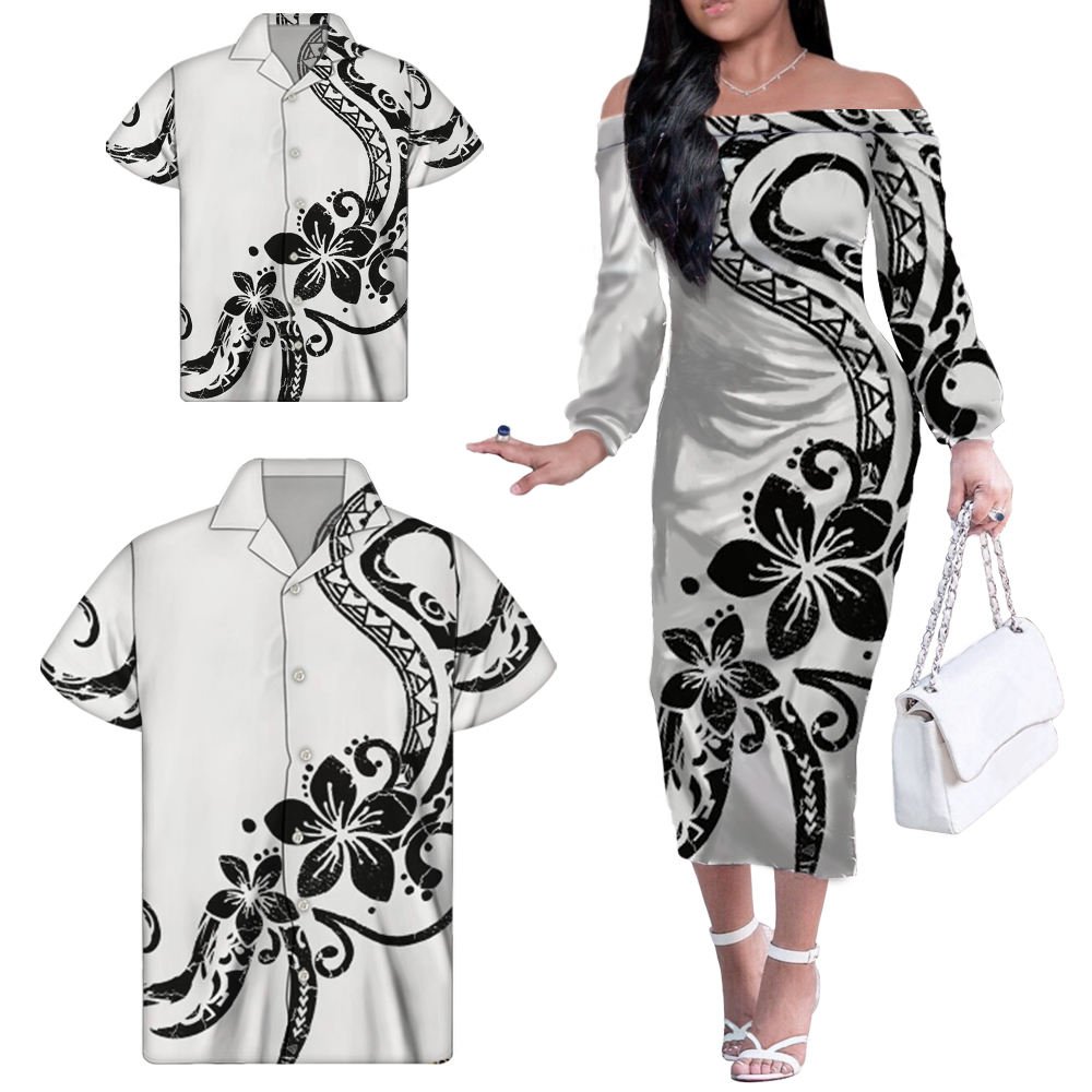 Wholesale Custom Luxury Polynesian Tribal Floral One Shoulder Dress Dresses Matching Men Shirt And Kids Shirt Womens Dresses