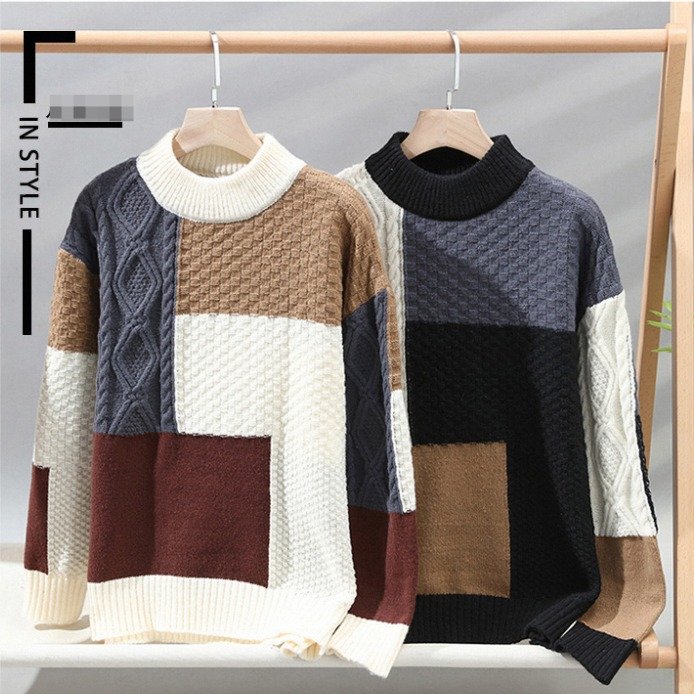 2024 Autumn and Winter New Sweater Warm Fashion Stitching Color Matching Pullover Round Neck Sweater Thickened Knitted Sweater