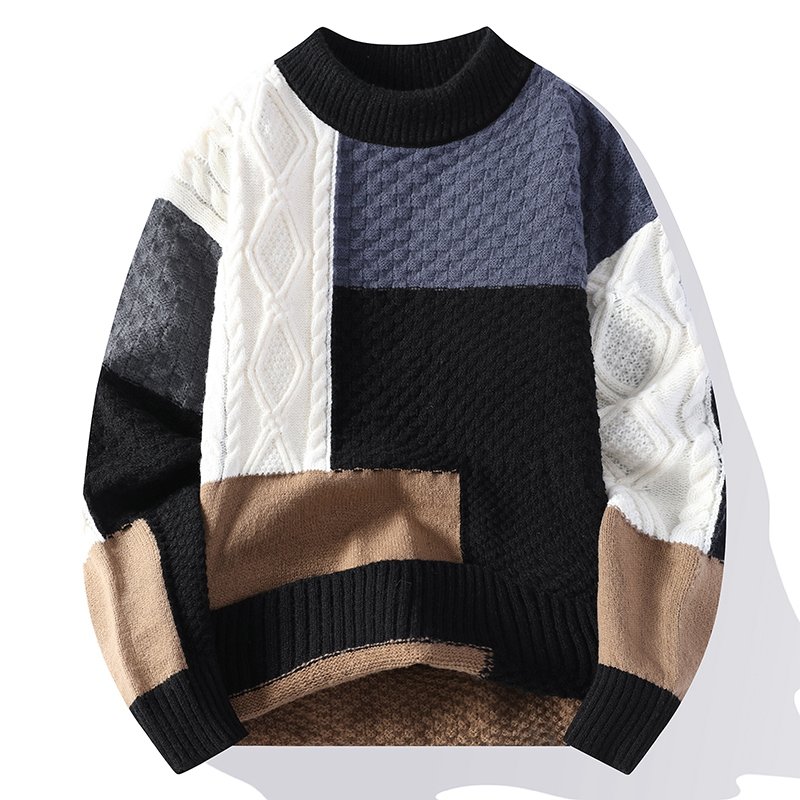 2024 Autumn and Winter New Sweater Warm Fashion Stitching Color Matching Pullover Round Neck Sweater Thickened Knitted Sweater