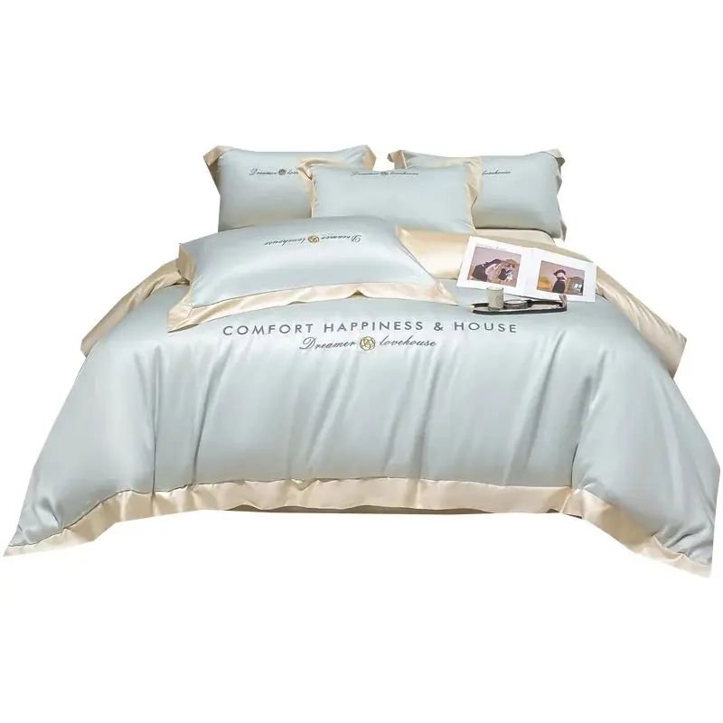 Home Textile Simple Style Solid Stitching Four-pieces Duvet Cover Set Silk Embroidery Bedding Set With Pillowcase