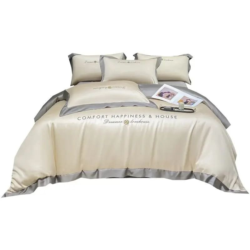 Home Textile Simple Style Solid Stitching Four-pieces Duvet Cover Set Silk Embroidery Bedding Set With Pillowcase