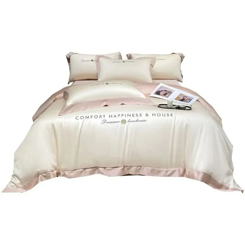 Home Textile Simple Style Solid Stitching Four-pieces Duvet Cover Set Silk Embroidery Bedding Set With Pillowcase