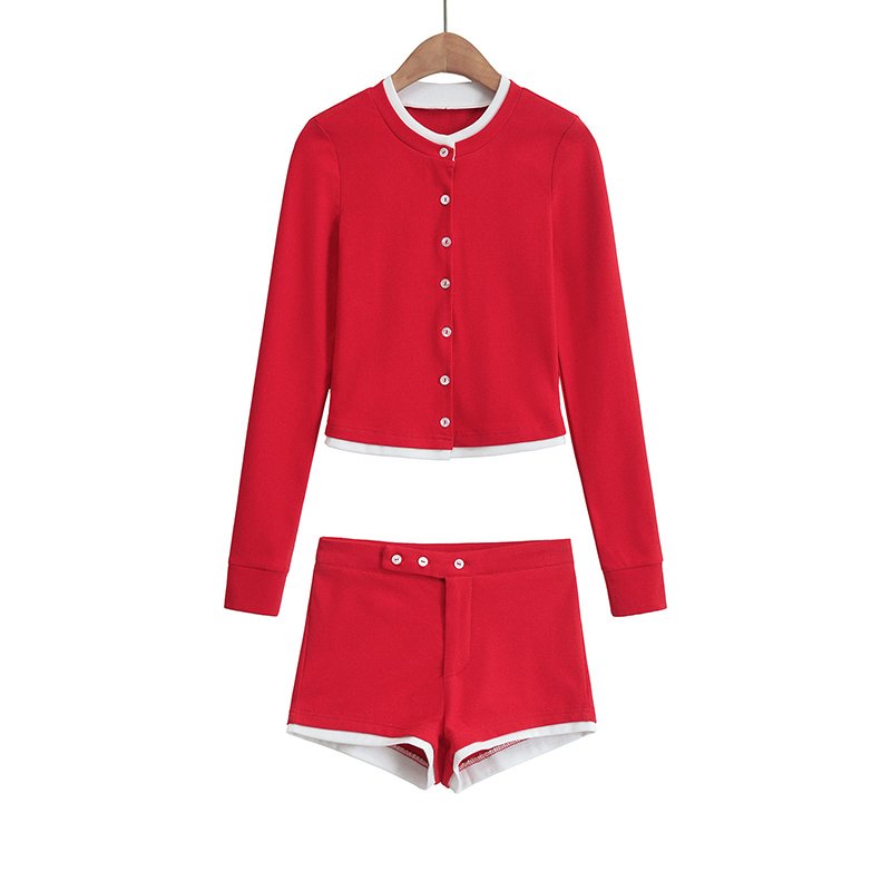 Women's Color Matching Long Sleeve Cardigan 2024 Casual Fashion Female Sweater Shorts Set