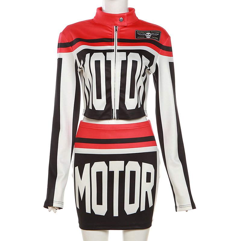 GX9950 Fashion Fashion Women Motor Style Print Crop Jacket Match Mini Wrap Skirt Street Wear Women 2 Piece Set