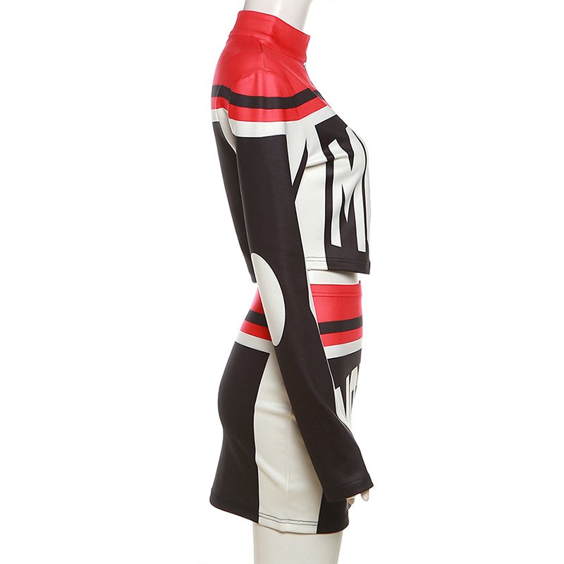 GX9950 Fashion Fashion Women Motor Style Print Crop Jacket Match Mini Wrap Skirt Street Wear Women 2 Piece Set