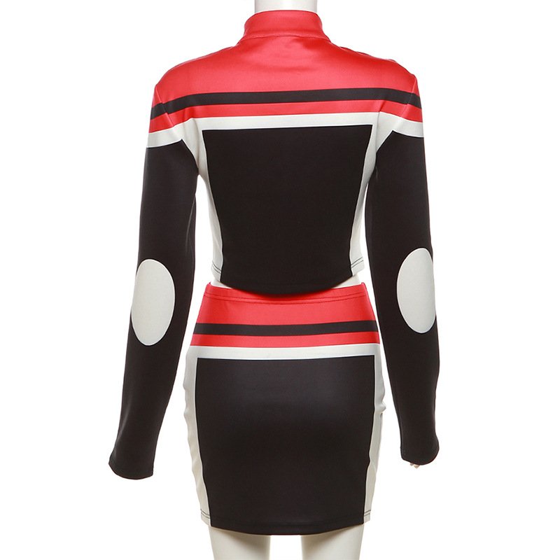 GX9950 Fashion Fashion Women Motor Style Print Crop Jacket Match Mini Wrap Skirt Street Wear Women 2 Piece Set